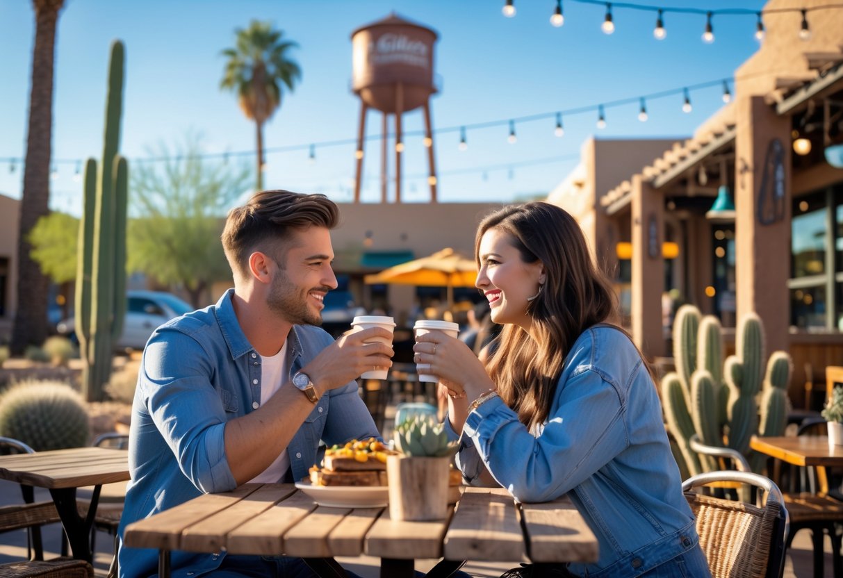 A young couple enjoying coffee together at an outdoor café in Gilbert, Arizona, with desert plants and the Gilbert Water Tower visible in the background.