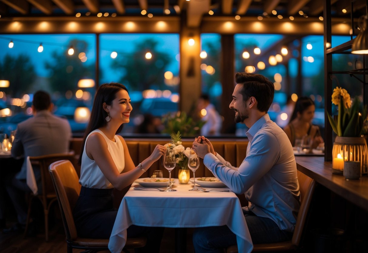 A couple enjoying a romantic dinner together at a cozy restaurant with warm lighting and elegant table settings.