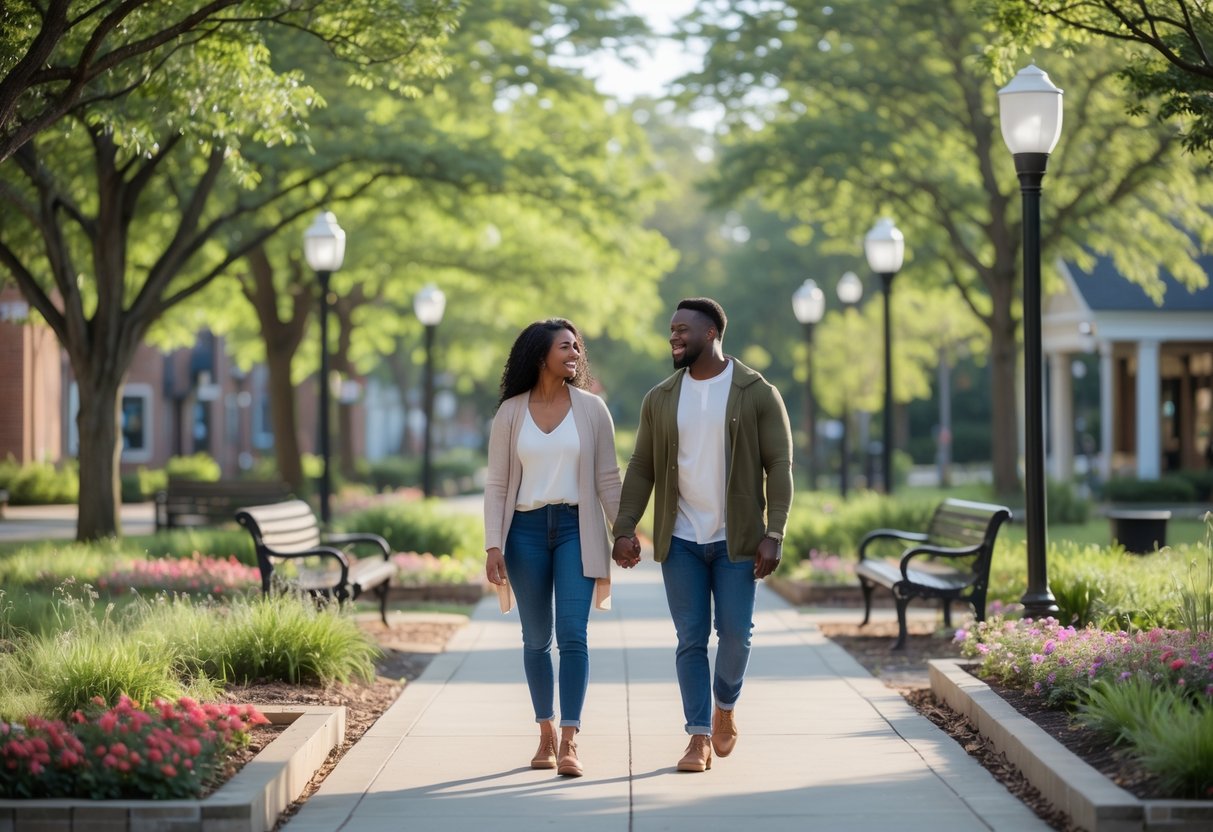 A couple walking hand in hand along a tree-lined path in a green park with flowers and a water fountain.