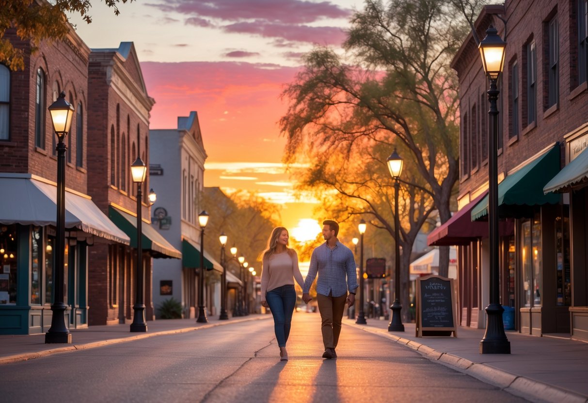 A couple walking hand-in-hand along a historic downtown street at sunset with colorful sky and old brick buildings in the background.