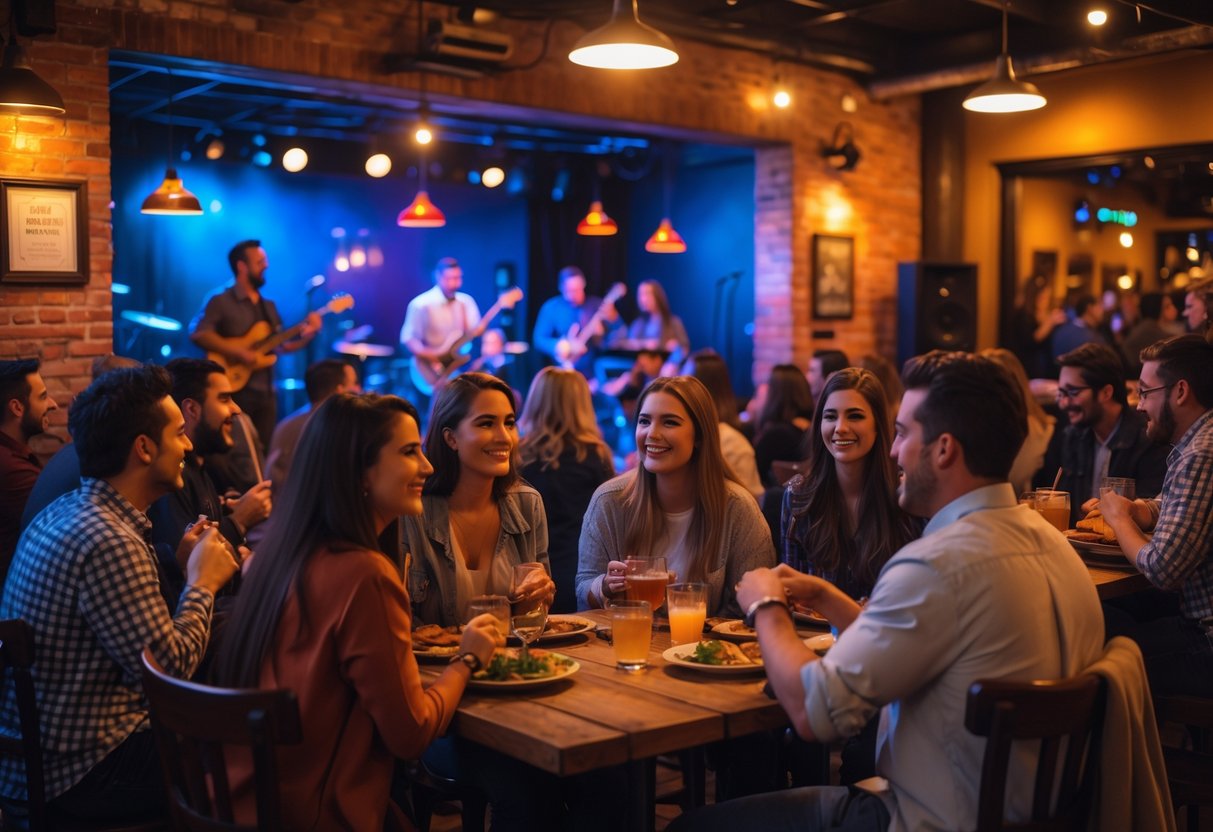 Couples enjoying live music and drinks inside a cozy bar with a band playing on stage.