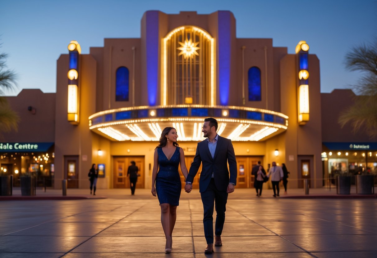 A couple dressed up walking hand in hand toward the entrance of Hale Centre Theatre at twilight.