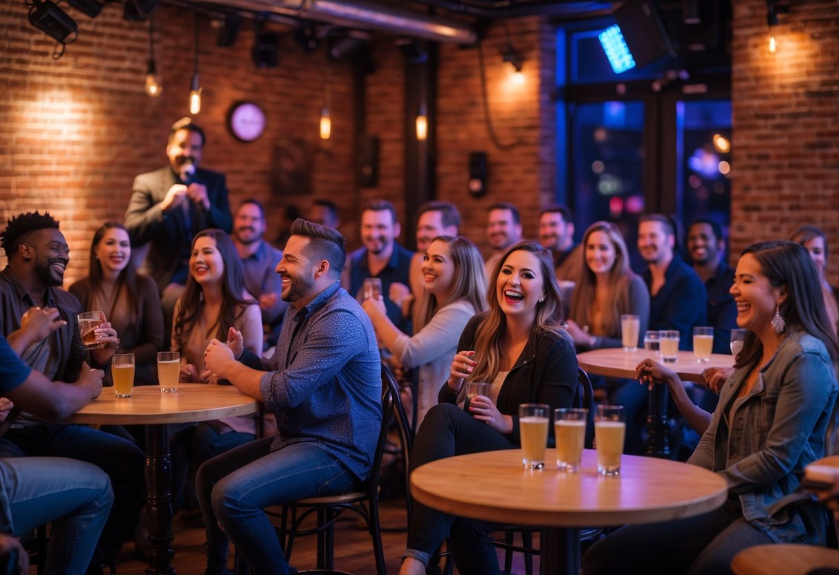 Couples and friends enjoying a stand-up comedy show in a cozy club with warm lighting and exposed brick walls.