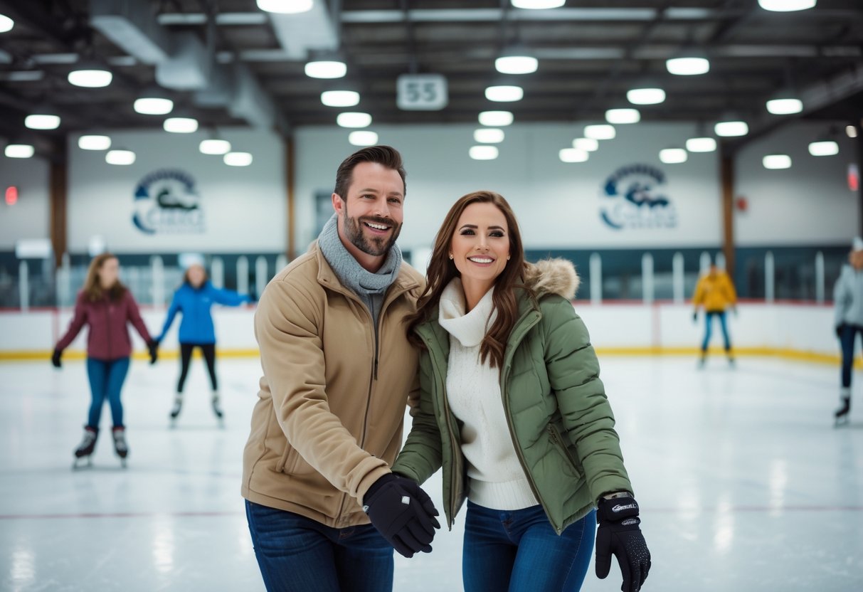 A couple ice skating together inside an indoor ice rink, holding hands and smiling.
