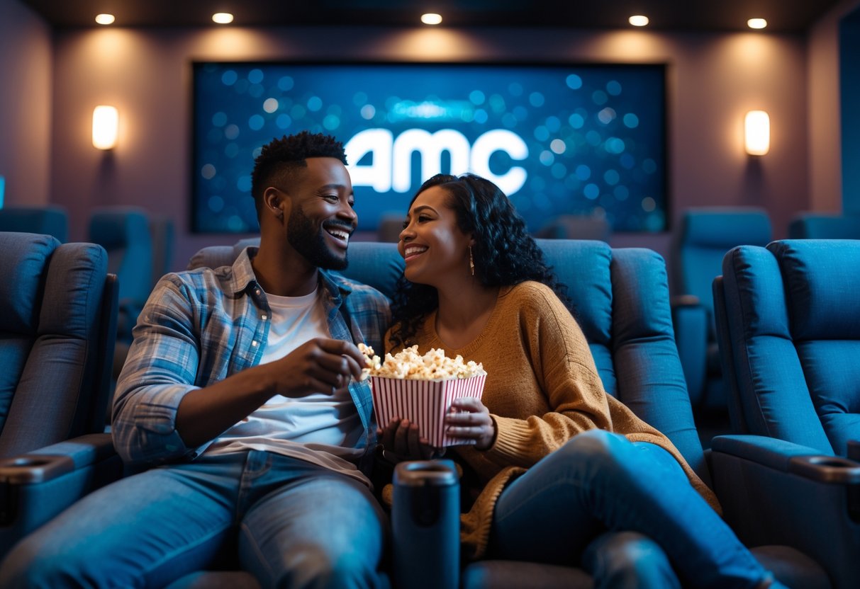 A couple sitting together in a movie theater, sharing popcorn and smiling during a movie night.