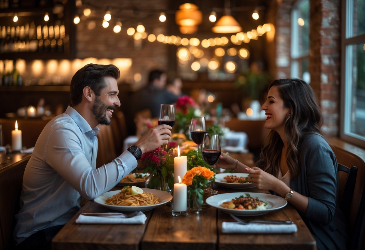 A couple enjoying a romantic dinner at an Italian restaurant with warm lighting and rustic decor.