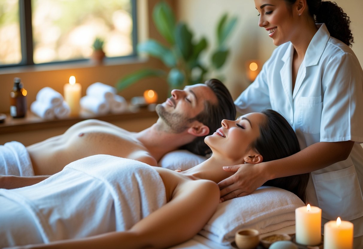 A couple receiving side-by-side massages in a peaceful spa room with soft lighting and relaxing decor.