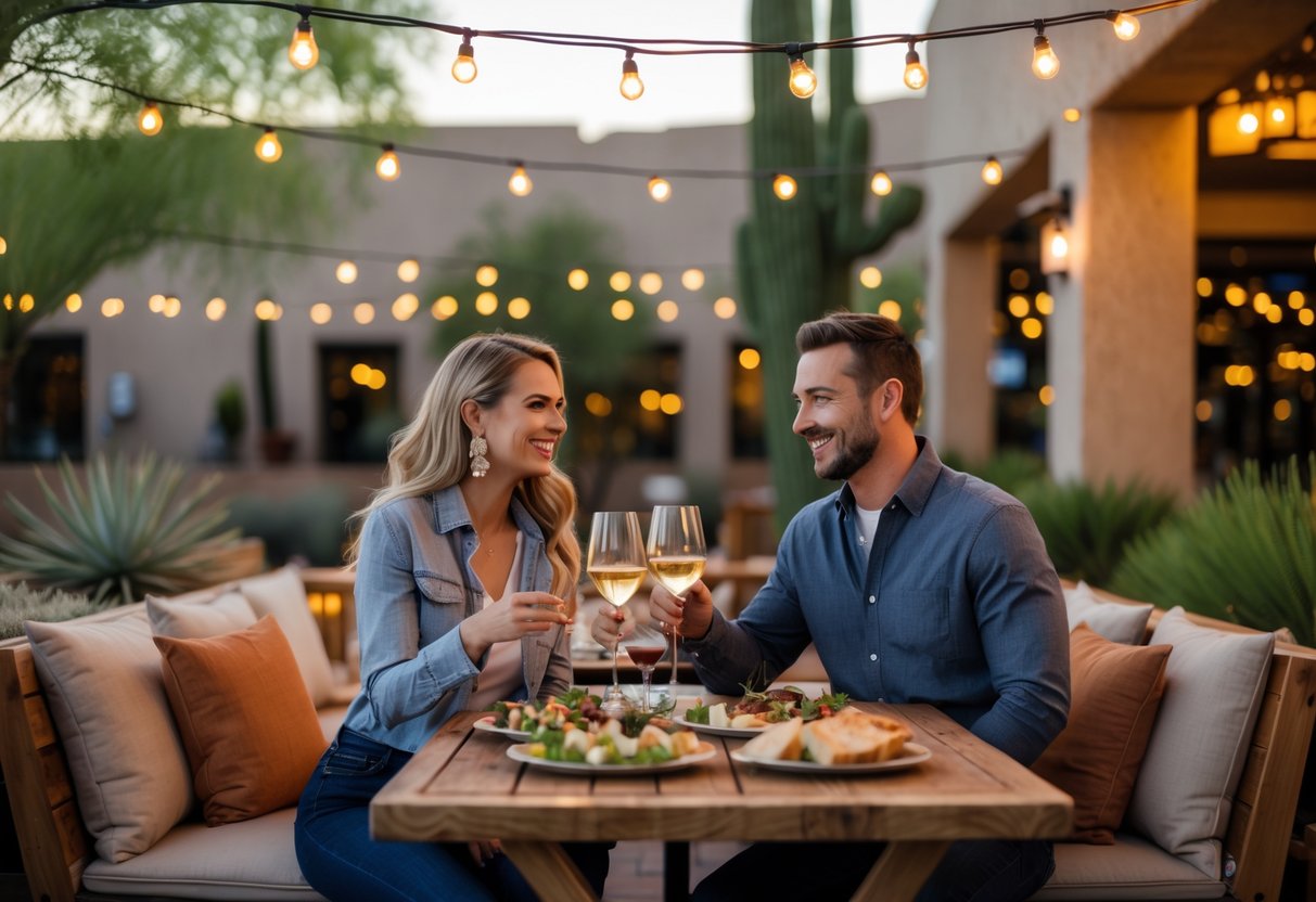 A couple enjoying an outdoor dinner at a restaurant patio with string lights and greenery around them.