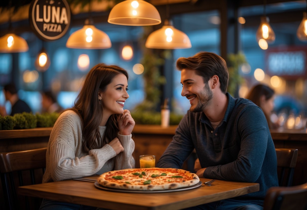 A young couple enjoying pizza together at a cozy cafe table with warm lighting.