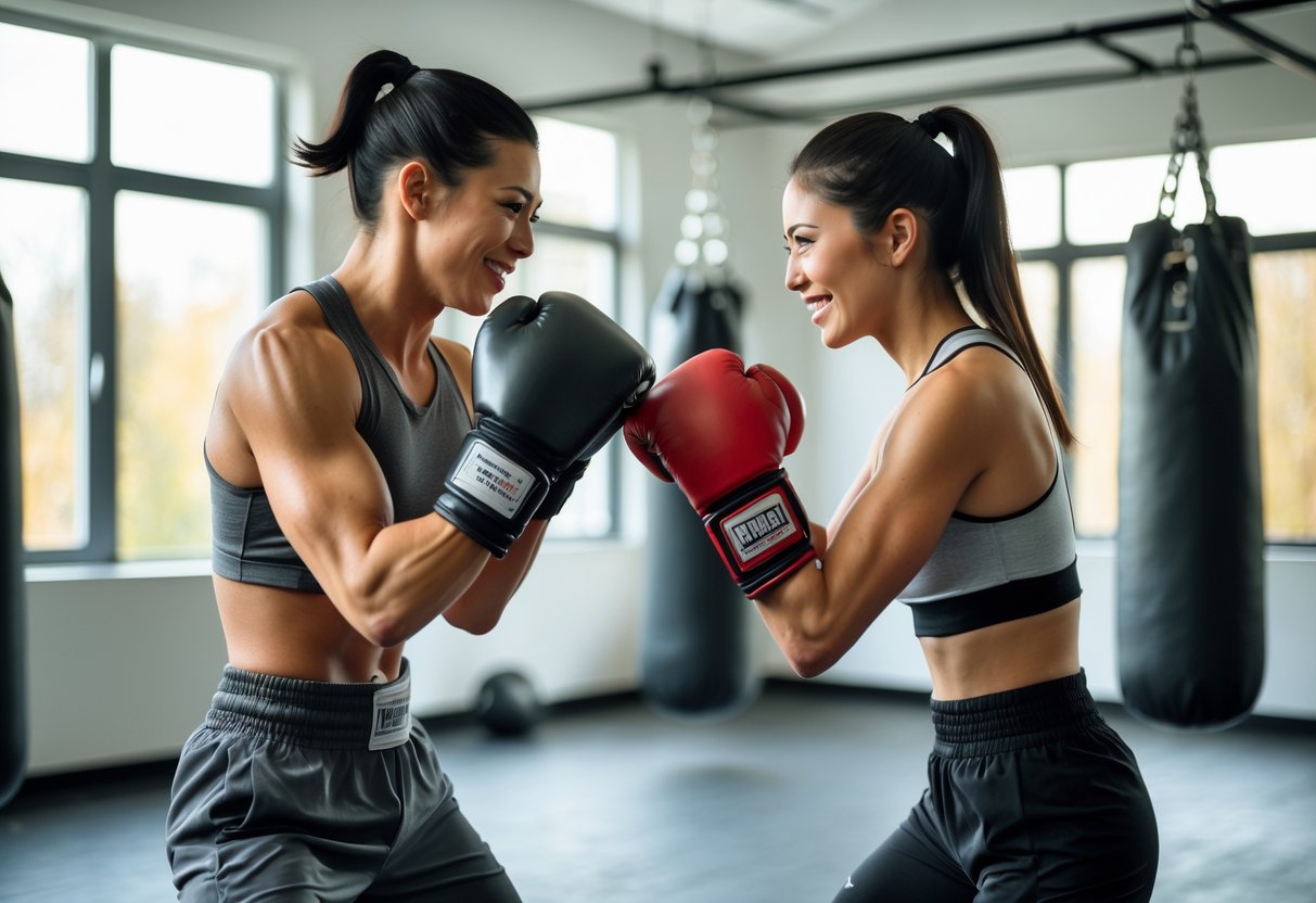 A young couple sparring together with boxing gloves in a gym.