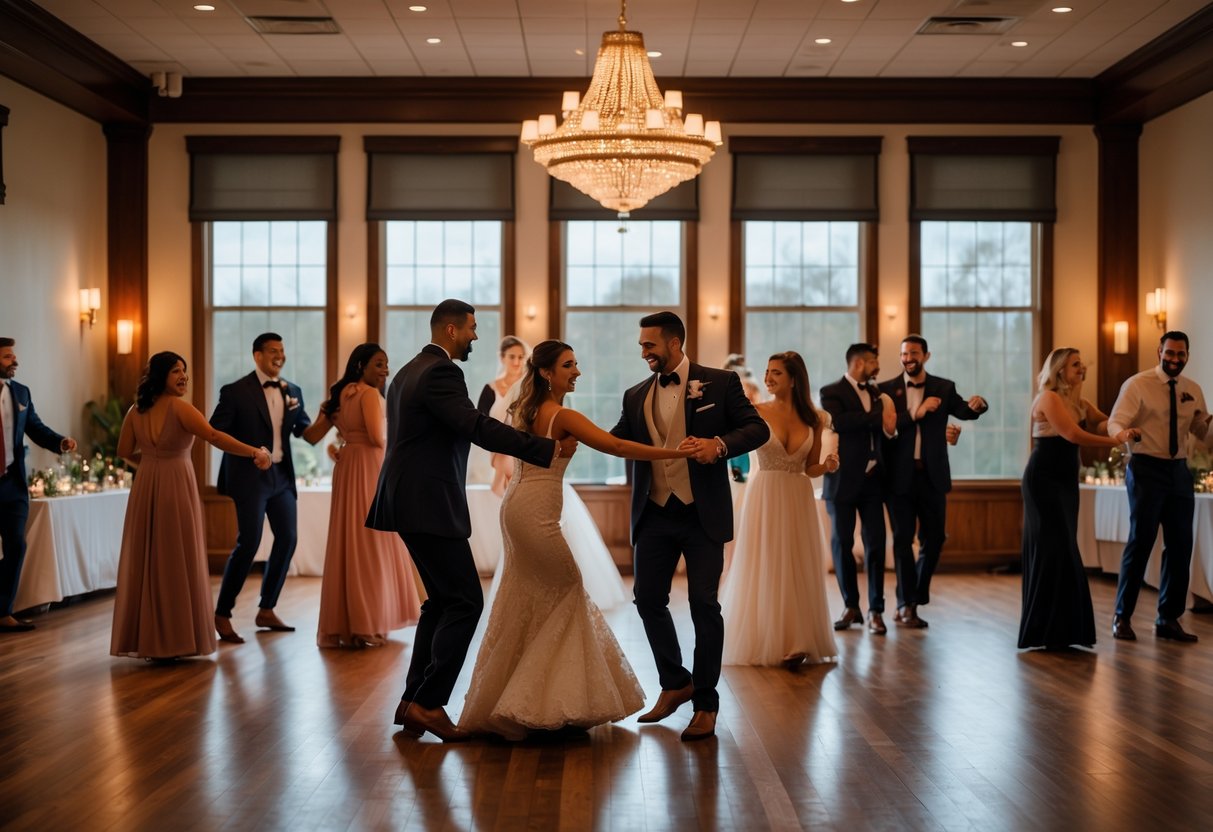 Couples dancing inside a well-lit ballroom with wooden floors and chandeliers, enjoying a lively and romantic atmosphere.