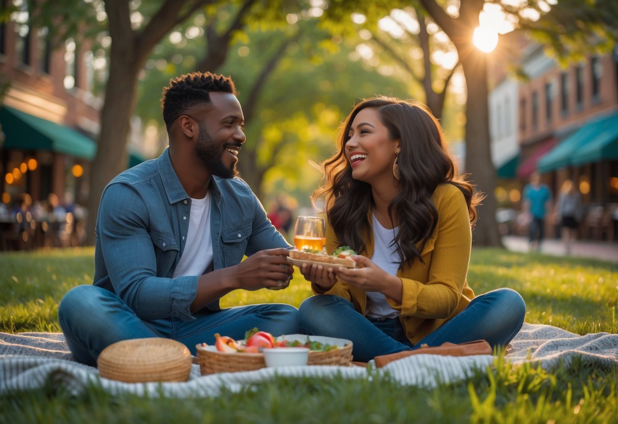 A smiling couple sharing a picnic in a sunny park with trees and city buildings in the background.