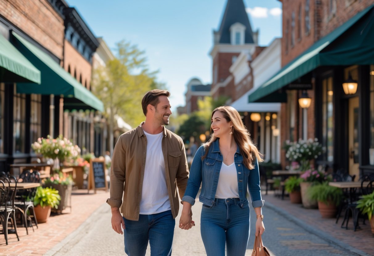 A smiling couple walking hand-in-hand along a street with shops and greenery in downtown Greenville, North Carolina.