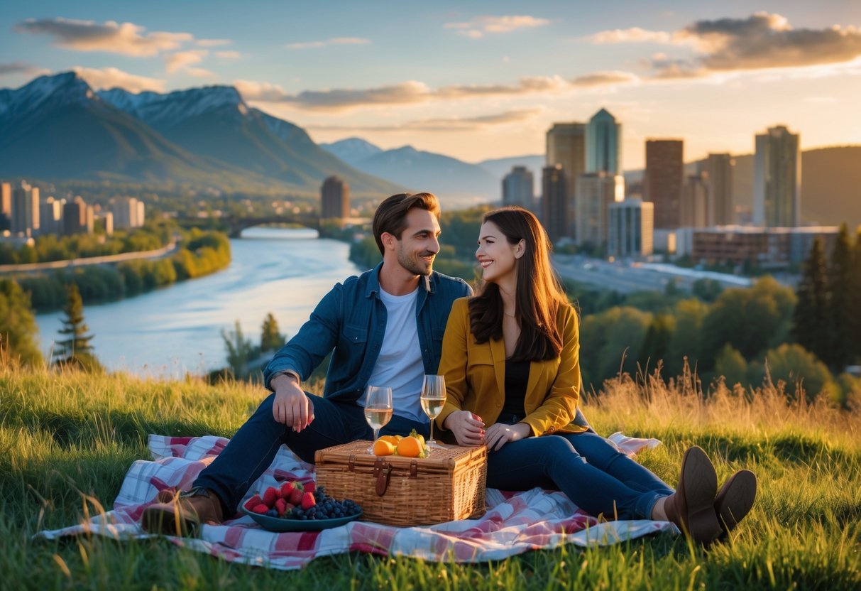 A young couple having a picnic on a grassy hill overlooking a river, city, and mountains at sunset.