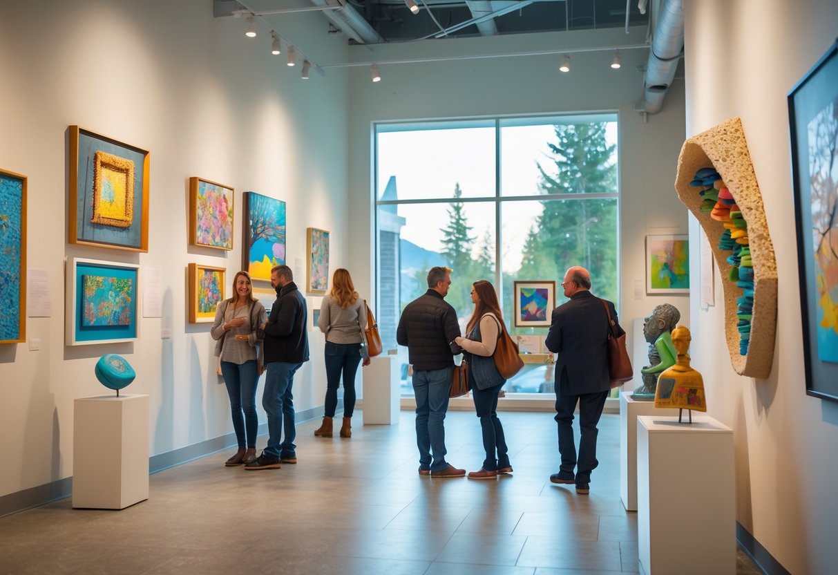 Visitors admiring colorful local artwork displayed in a bright and spacious gallery interior.