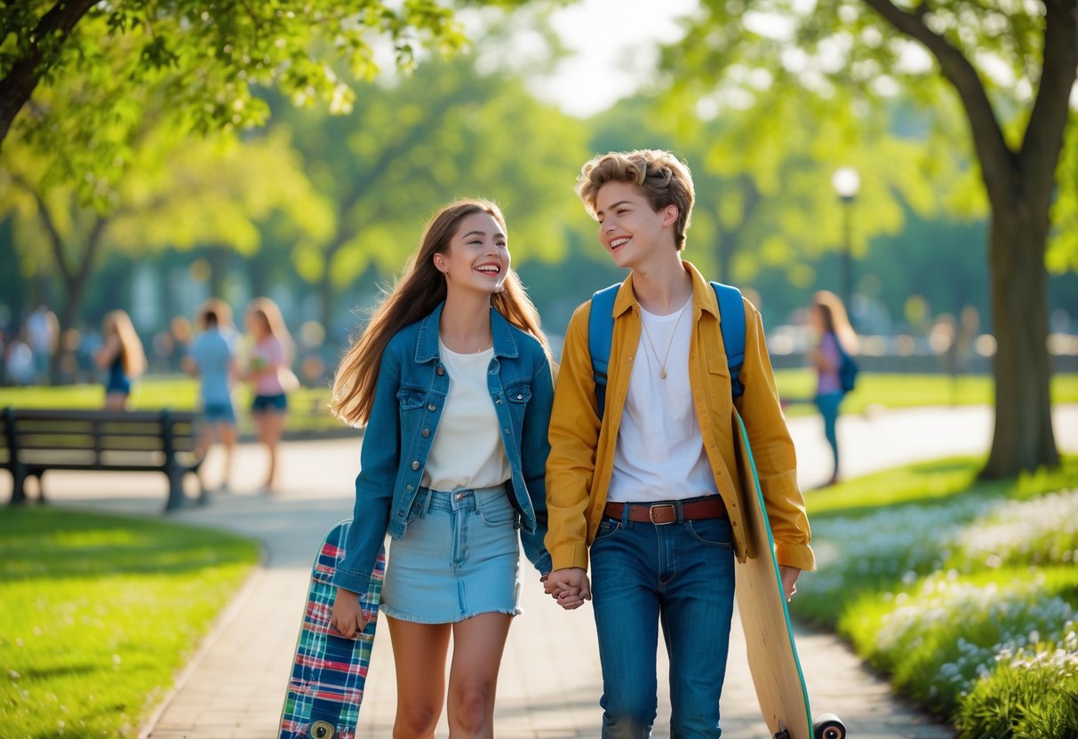 Two high school teenagers walking together in a sunny park, smiling and carrying a picnic basket and skateboard.