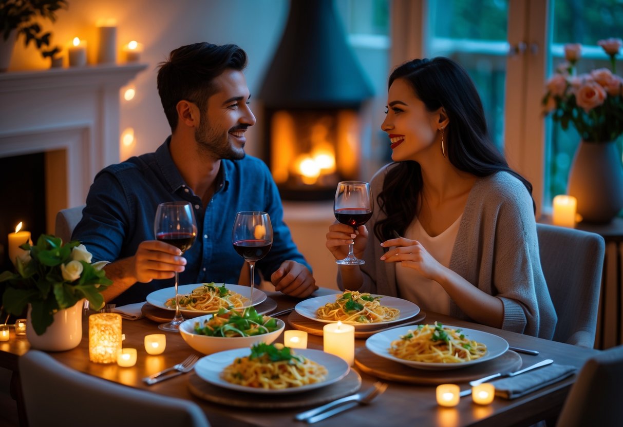 A couple smiling and enjoying a romantic dinner at a candlelit table with wine and food in a cozy room.