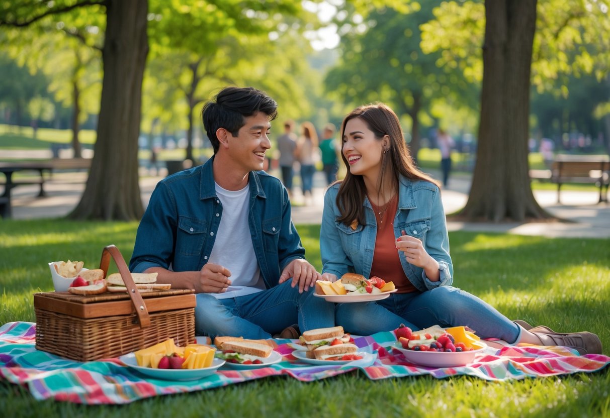 A young high school couple having a picnic with homemade snacks in a sunny local park.