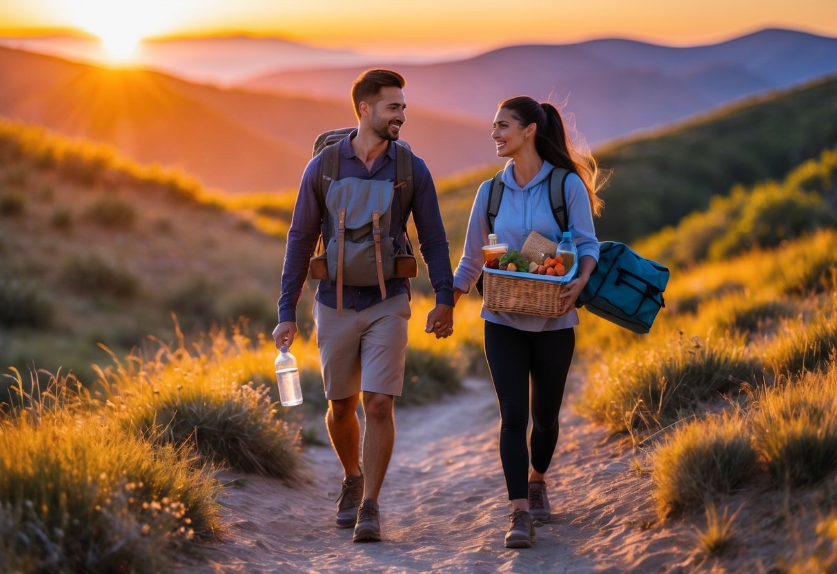 A couple hiking on a trail at sunset carrying packed snacks, surrounded by hills and colorful sky.