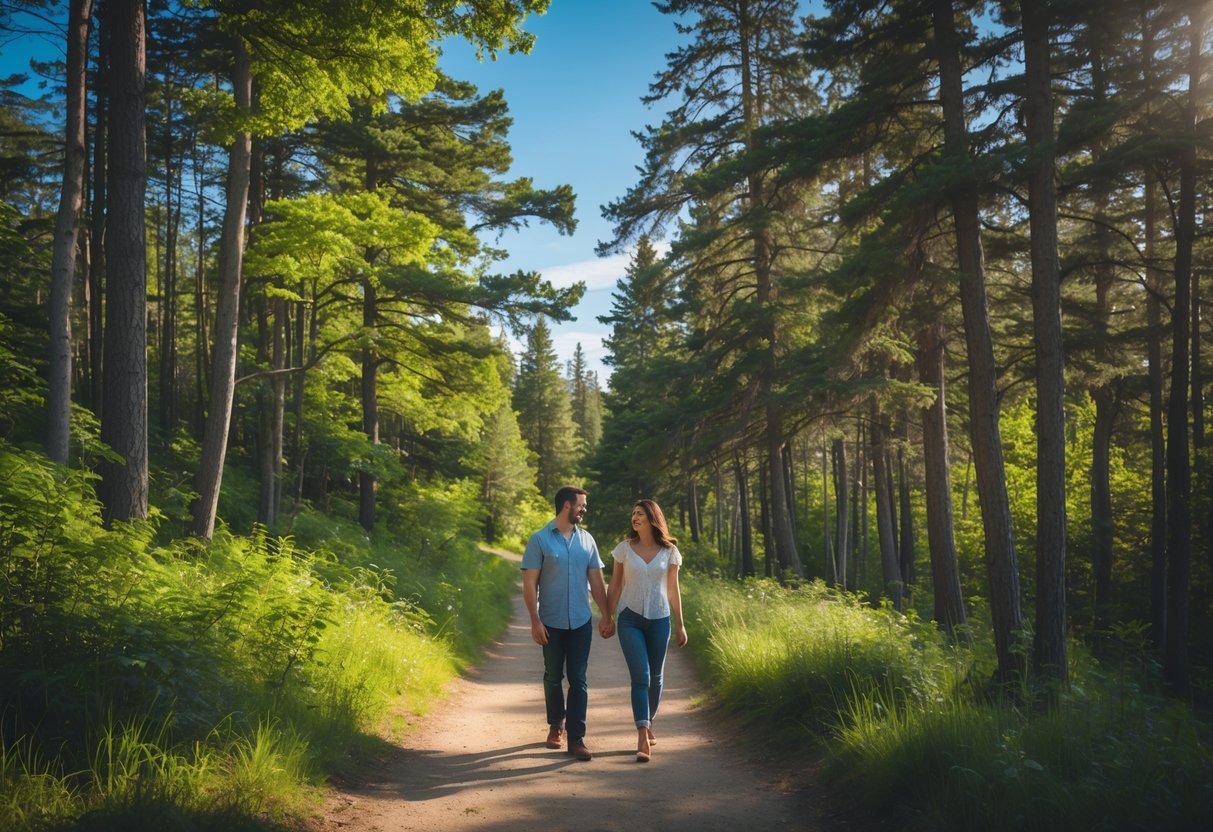 A couple walking hand in hand on a forest trail surrounded by trees and greenery.