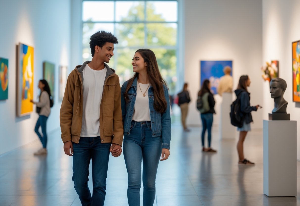 A young high school couple walking hand in hand through an art gallery, looking at paintings and sculptures.