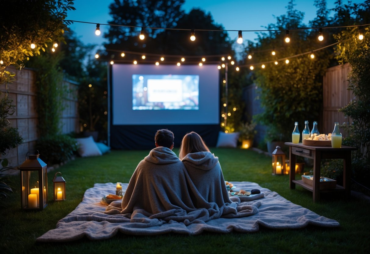 Two people sitting on a blanket outdoors at dusk, watching a movie on a large screen, wrapped in cozy blankets with string lights and snacks nearby.