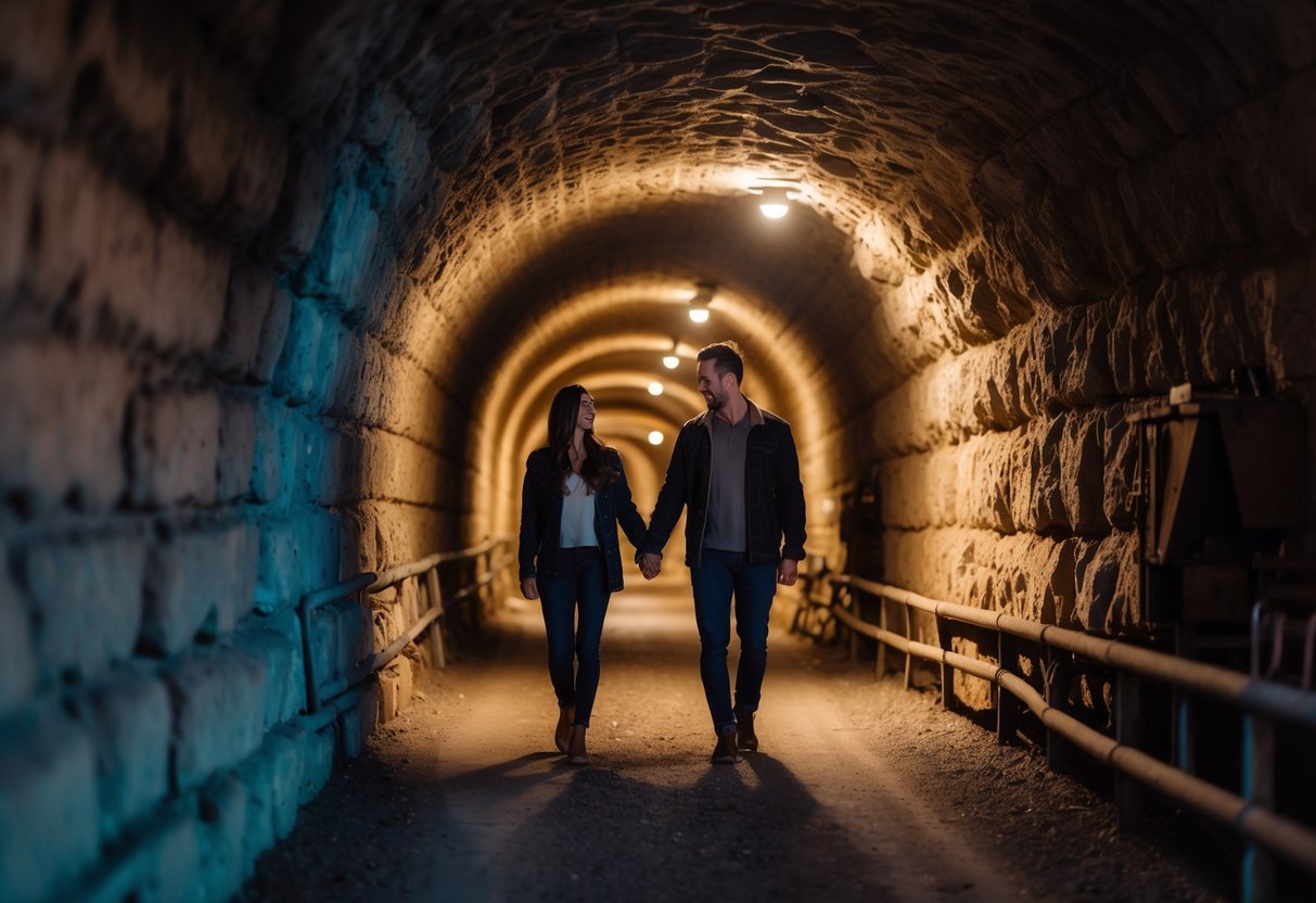 A young couple walking hand in hand through a softly lit stone tunnel with historical features.