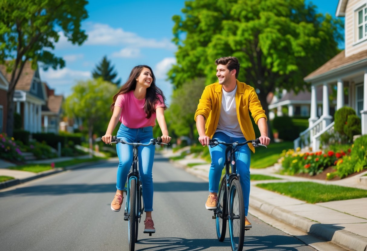 A young couple riding bicycles together on a sunny suburban street lined with trees and houses.