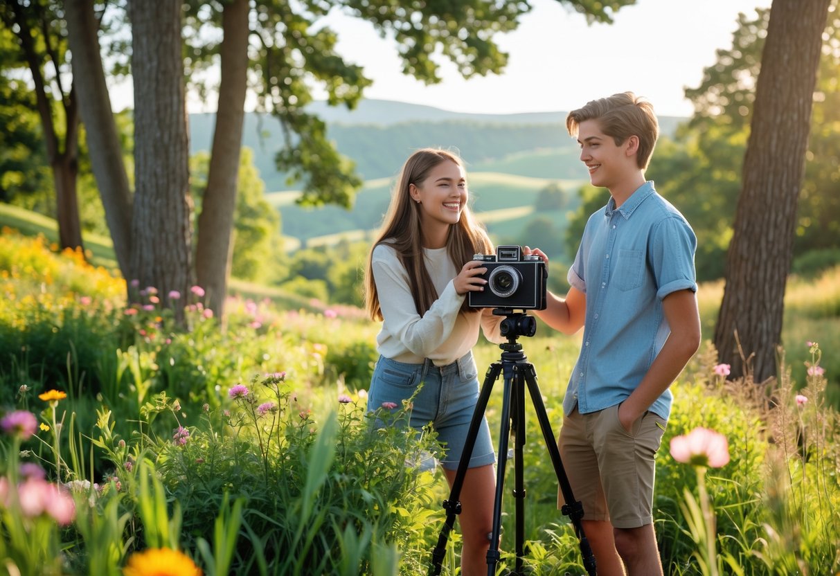A teenage boy and girl taking photos together outdoors in a green, scenic area with trees and hills.