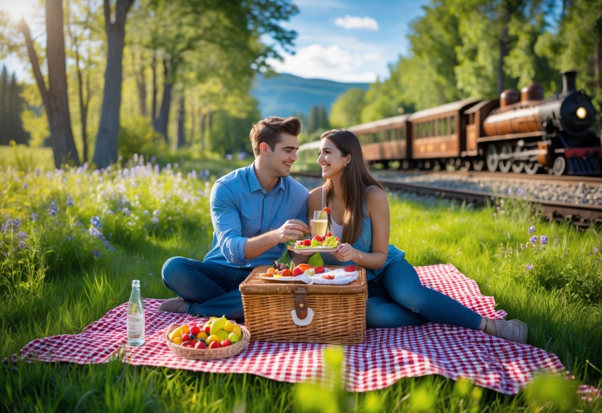 A young couple having a picnic on a blanket in a green park with trees and a vintage railway train in the background.