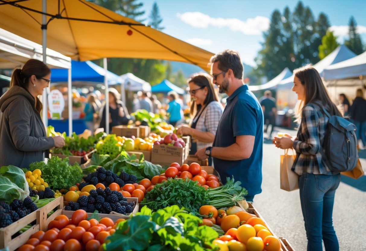 People shopping for fresh fruits and vegetables at an outdoor farmers' market with colorful produce on display.