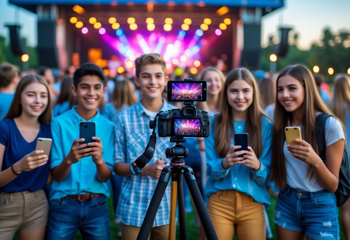 A group of high school teenagers live streaming a concert outdoors at night, holding smartphones and a camera, with a colorful stage and crowd in the background.