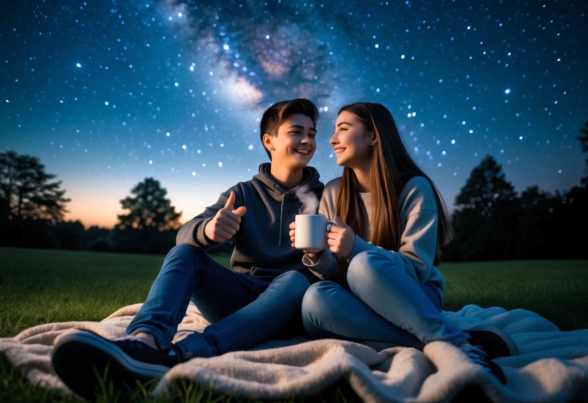 Two teenagers sitting on a blanket outdoors at night, drinking hot chocolate and looking up at the starry sky.