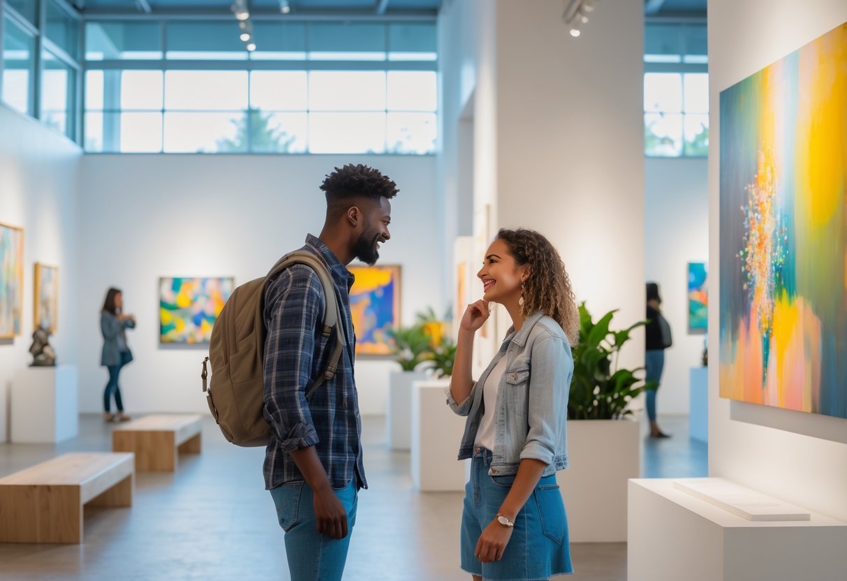 A young couple looking at paintings and sculptures inside a bright art gallery with natural light.