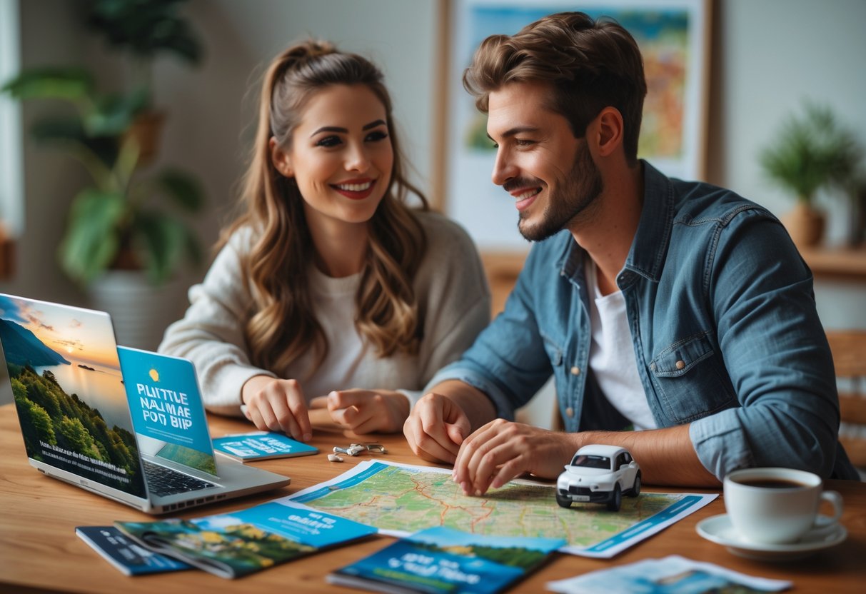 A young couple sitting at a table planning a miniature road trip with travel brochures, a map, and a laptop.