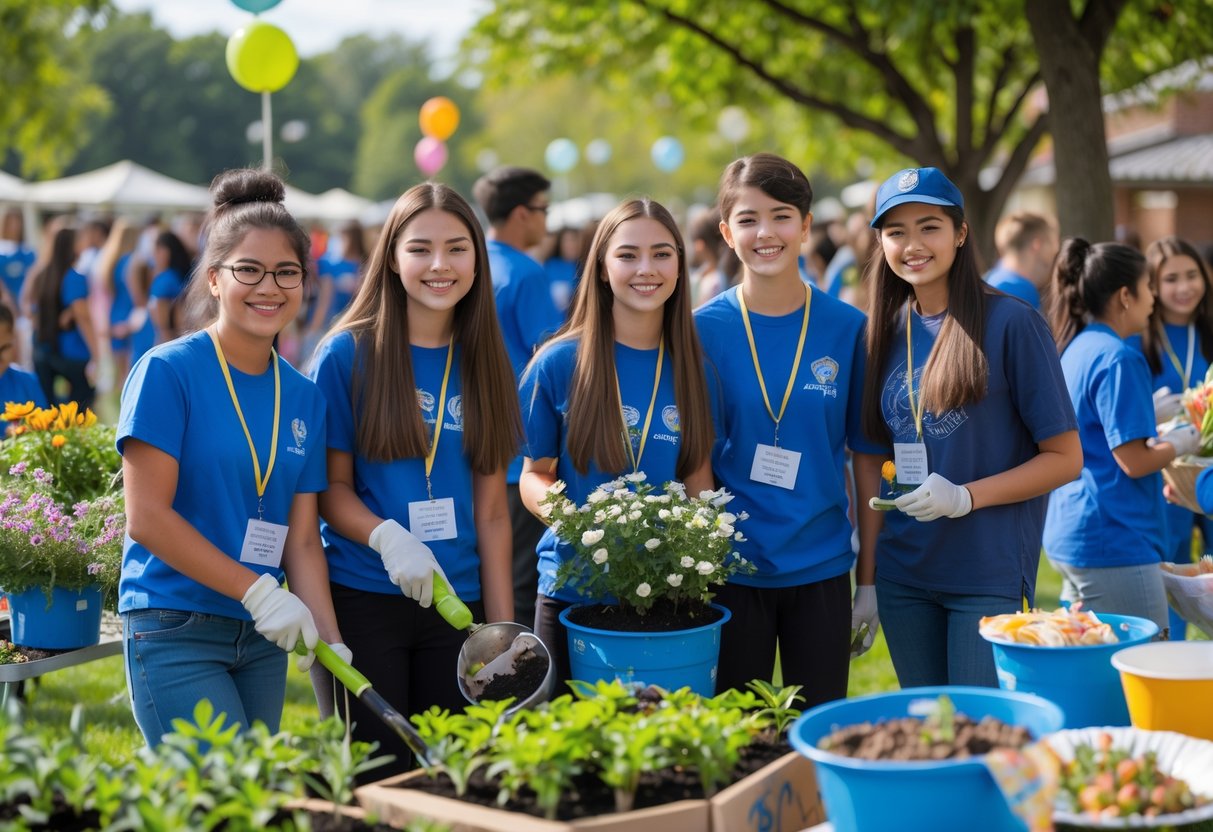 A group of high school teenagers volunteering together outdoors at a community event, planting flowers and painting a mural.