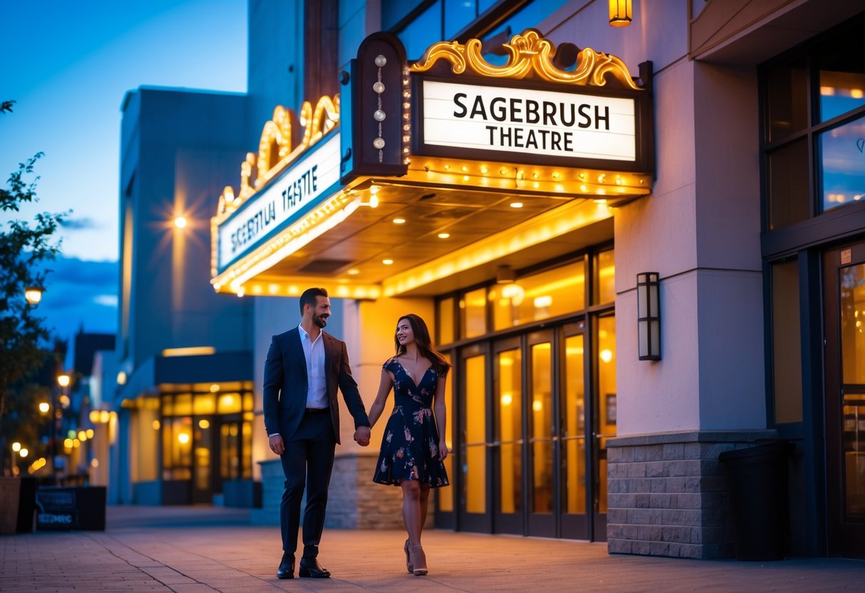 A couple dressed for an evening out stands near the entrance of a theatre building at dusk, smiling and holding hands.