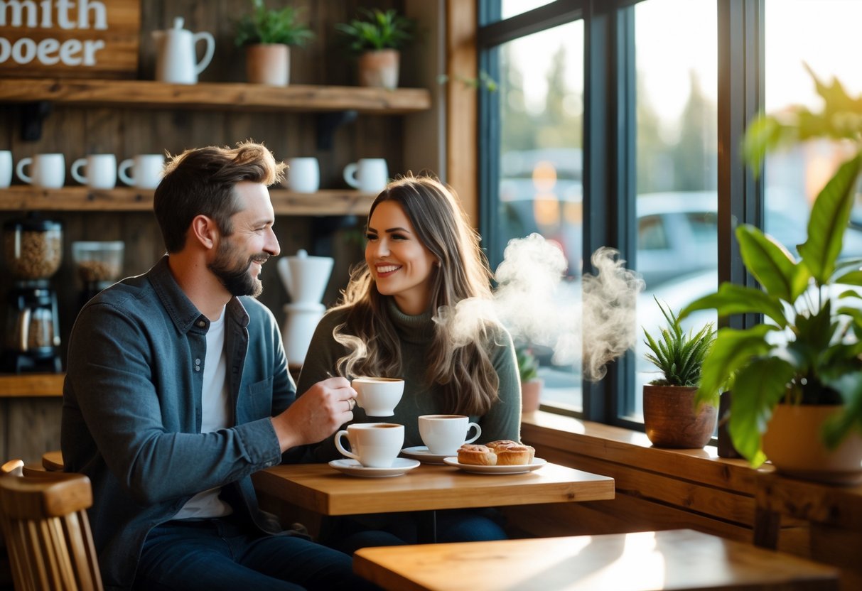 A couple sitting at a small table in a cozy coffee shop, enjoying coffee and smiling at each other.