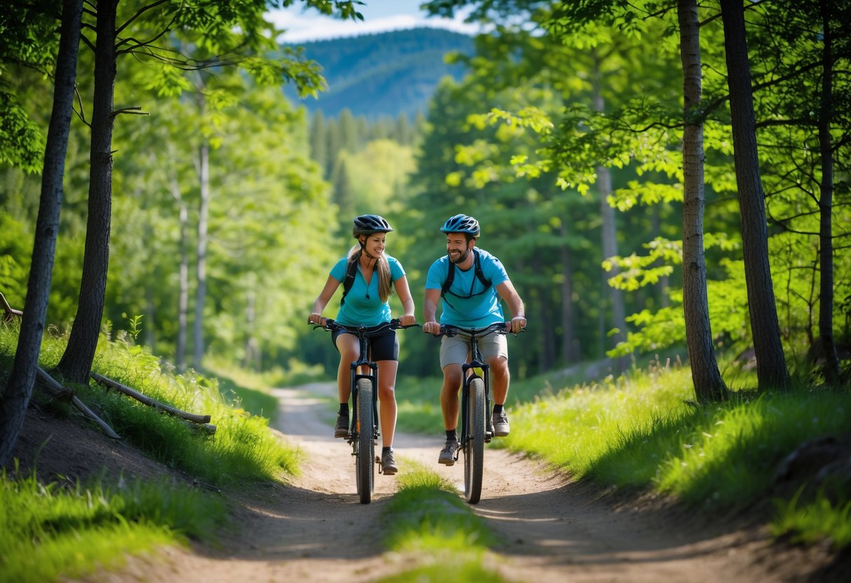 A couple riding mountain bikes together on a forest trail surrounded by green trees and sunlight.