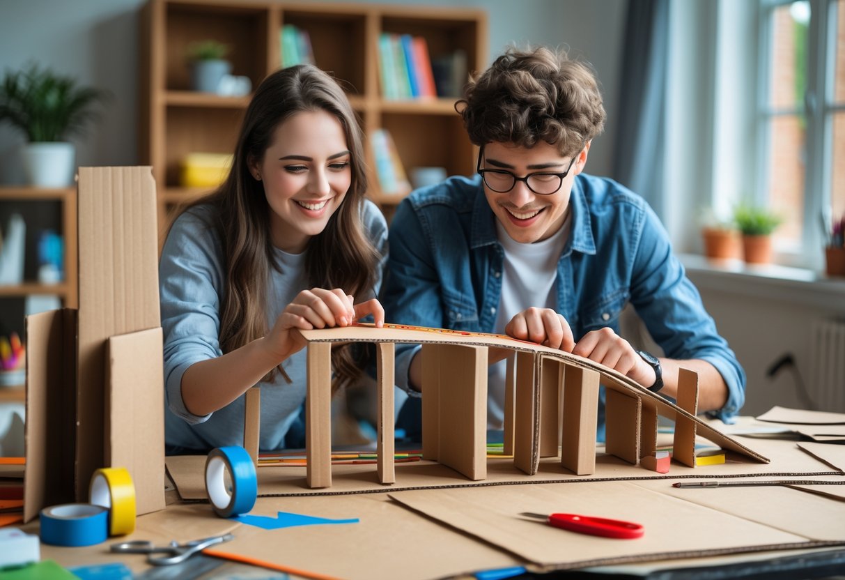 A high school couple building a cardboard rollercoaster together indoors with crafting materials on a table.
