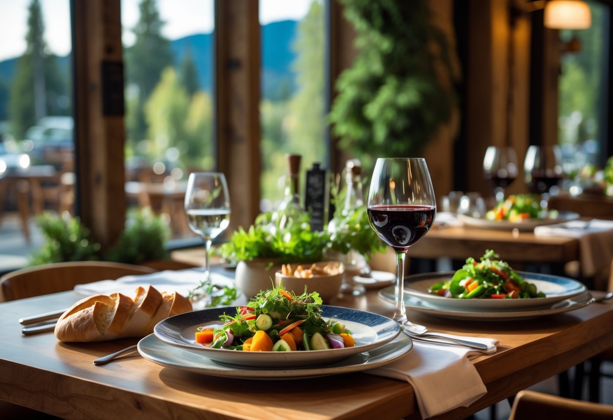 A cozy restaurant table set for two with fresh farm-to-table dishes and wine in a warm, inviting dining space.