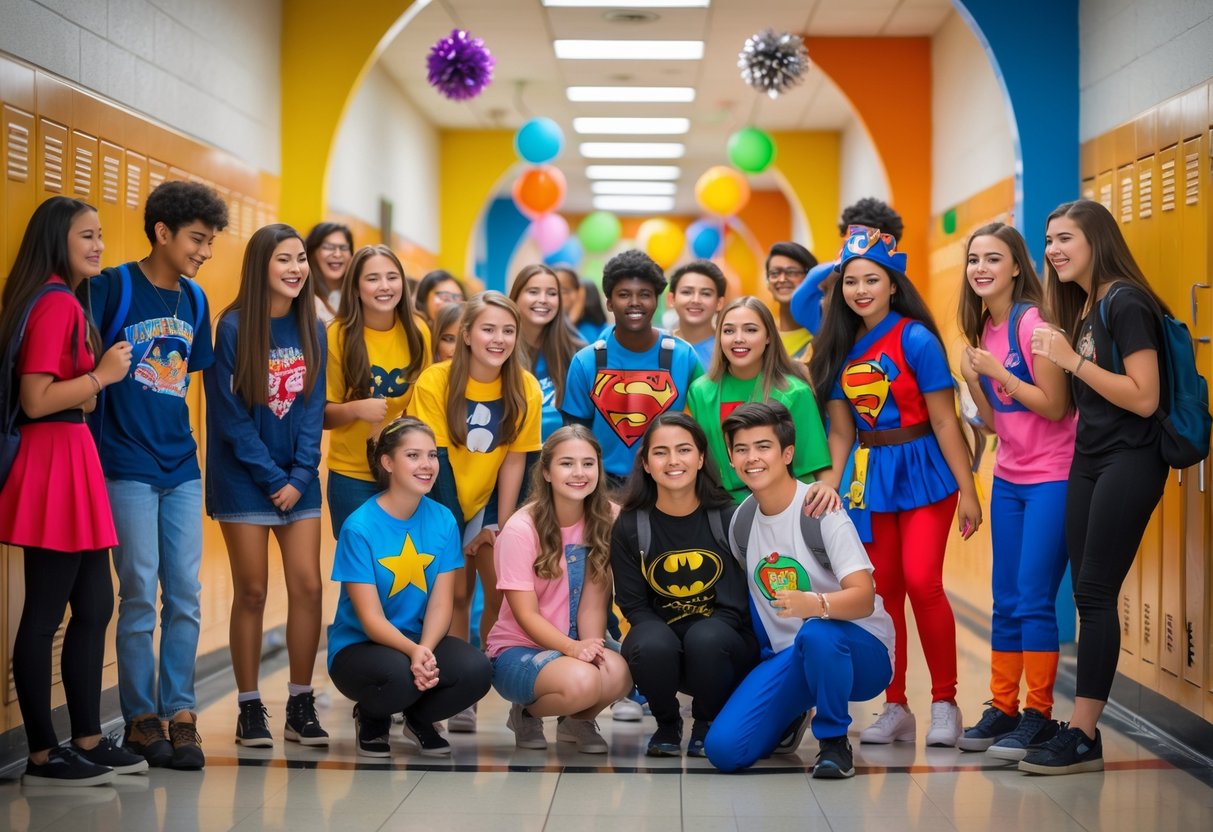 High school students in colorful costumes enjoying a themed dress-up day in a decorated school hallway.