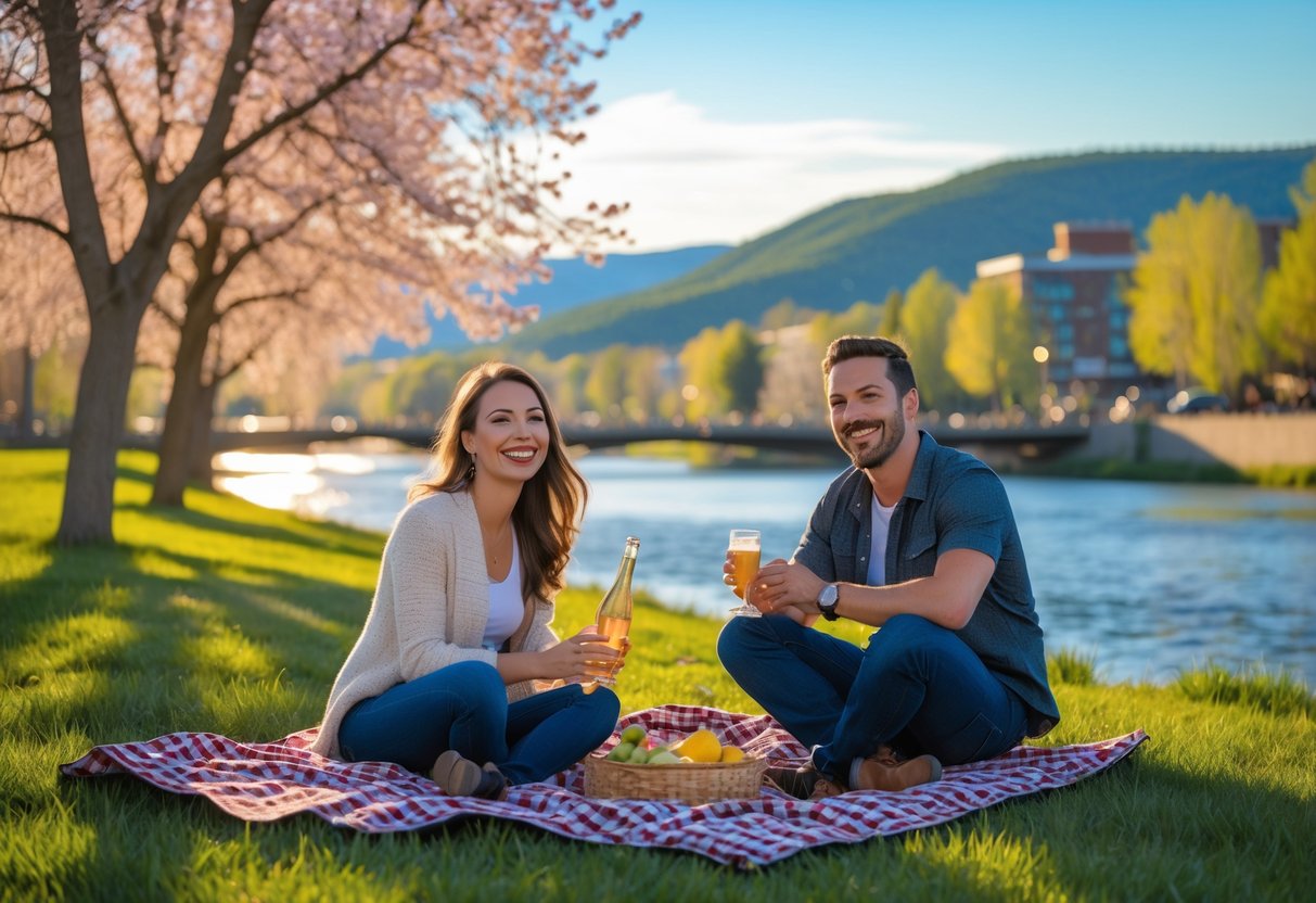A couple having a picnic together in a riverside park with trees and hills in the background.