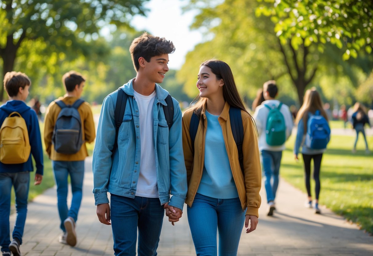 A teenage couple walking together in a park during the day, smiling and talking, with other teenagers in the background.