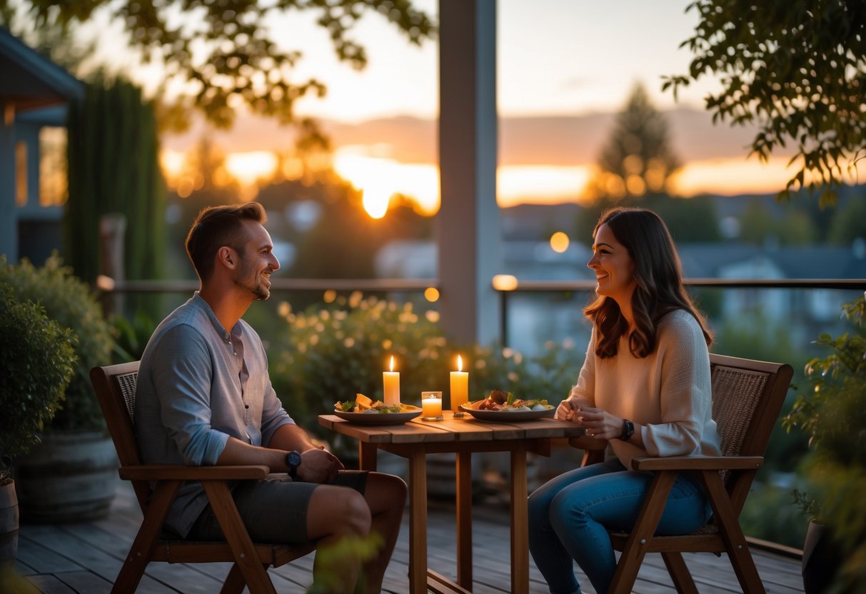 A couple sitting at a small outdoor table during sunset, enjoying a relaxed and peaceful date night surrounded by greenery and cityscape.
