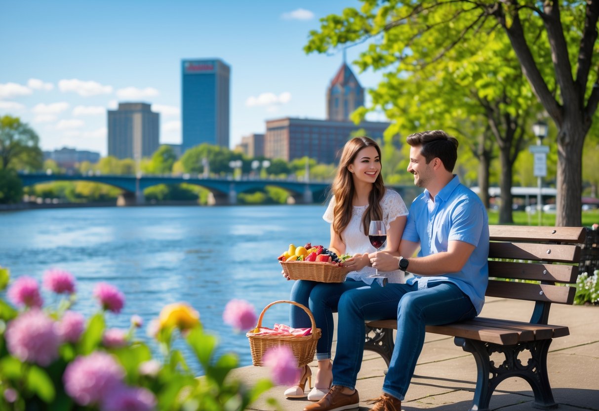 A young couple enjoying a picnic together on a bench by the river with city skyline and bridge in the background.