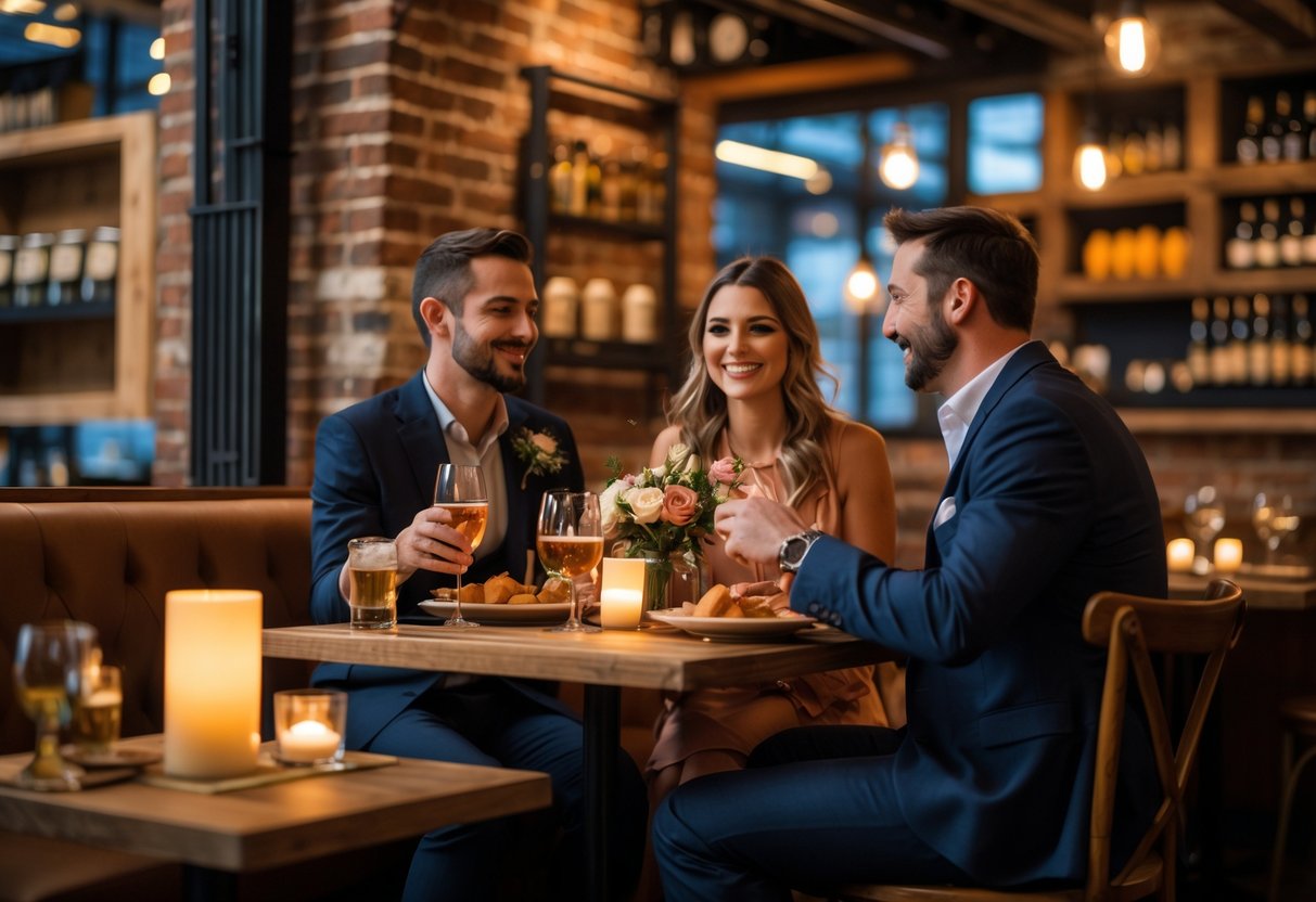 A couple enjoying a romantic dinner at a cozy restaurant with rustic decor and warm lighting.