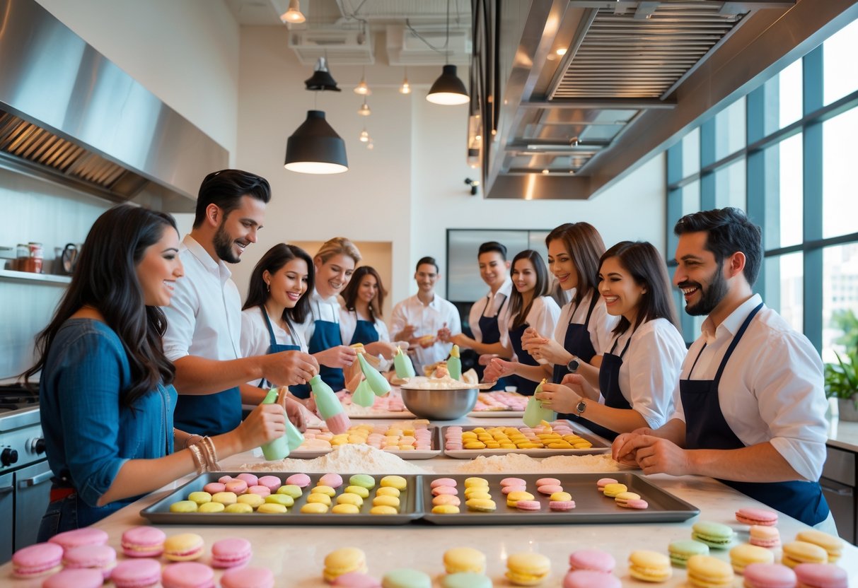 Couples and friends making colorful French macarons together in a bright, modern kitchen.