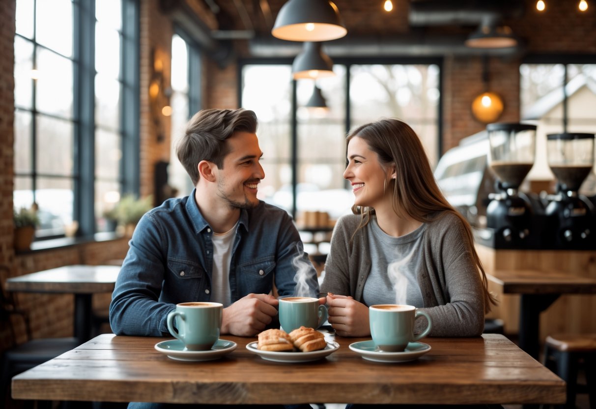 A couple sitting at a wooden table in a coffee shop, enjoying coffee and smiling at each other.