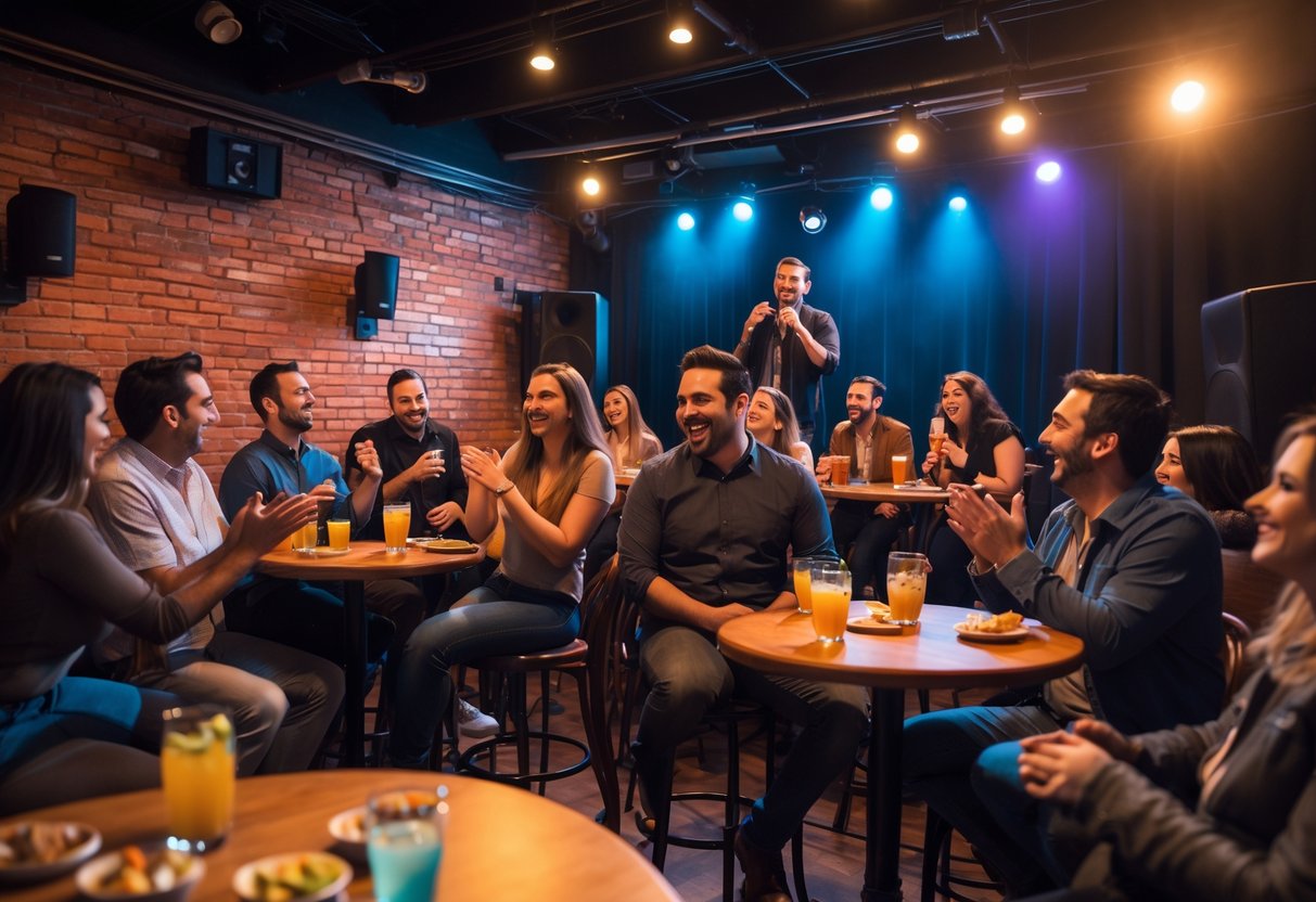 Couples and friends enjoying a live stand-up comedy show at a cozy comedy club with a comedian performing on stage.